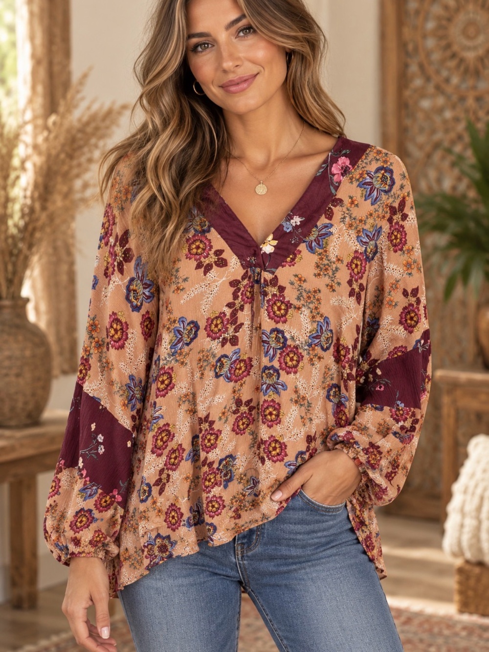 easel Floral Burgundy Blouse (090678) 🌼 🍂